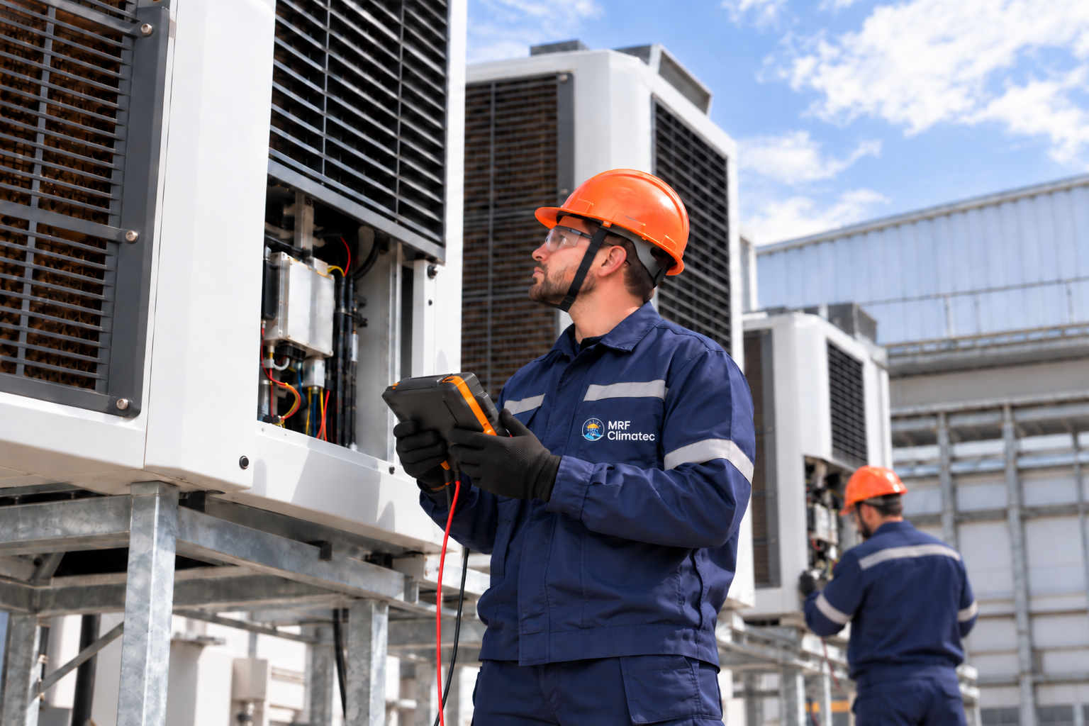 Profissionais da MRF Climatec realizando testes e manutenção técnica em climatizadores